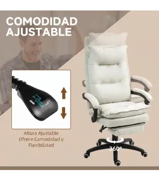 Silla de Escritorio con Masaje Altura Ajustable Respaldo Reclinable Reposapiés Giratoria 360° Crema