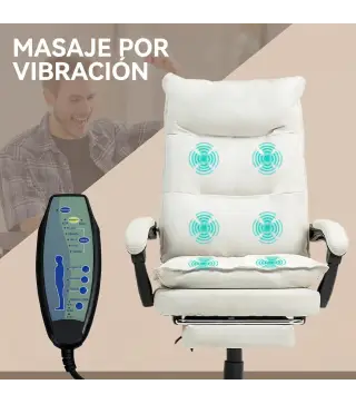 Silla de Escritorio con Masaje Altura Ajustable Respaldo Reclinable Reposapiés Giratoria 360° Crema