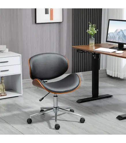 Silla de Oficina con Ruedas Silla de Escritorio Tapizada en PU con Asiento Ancho y Curvado Altura Ajustable Negro