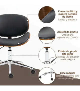 Silla de Oficina con Ruedas Silla de Escritorio Tapizada en PU con Asiento Ancho y Curvado Altura Ajustable Negro