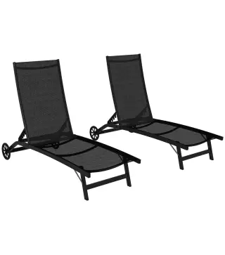 Lote de 2 tumbonas de aluminio y textileno con ruedas, respaldo reclinable carga máx. 150 kg Negro