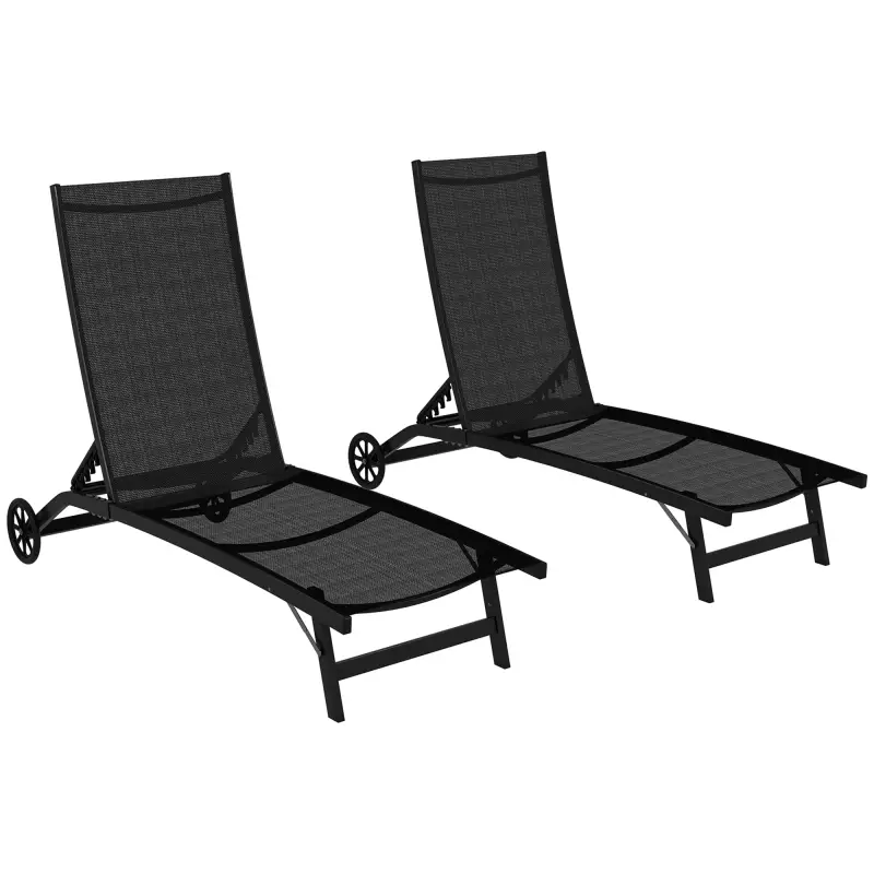 Lote de 2 tumbonas de aluminio y textileno con ruedas, respaldo reclinable carga máx. 150 kg Negro