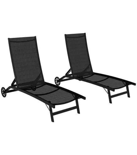 Lote de 2 tumbonas de aluminio y textileno con ruedas, respaldo reclinable carga máx. 150 kg Negro