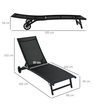 Lote de 2 tumbonas de aluminio y textileno con ruedas, respaldo reclinable carga máx. 150 kg Negro