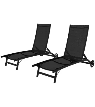 Lote de 2 tumbonas de aluminio y textileno con ruedas, respaldo reclinable carga máx. 150 kg Negro