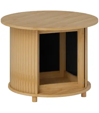 Mesa de centro redonda mesa de salón de bambú con almacenamiento oculto y puerta deslizante 60x45 cm Madera Natural