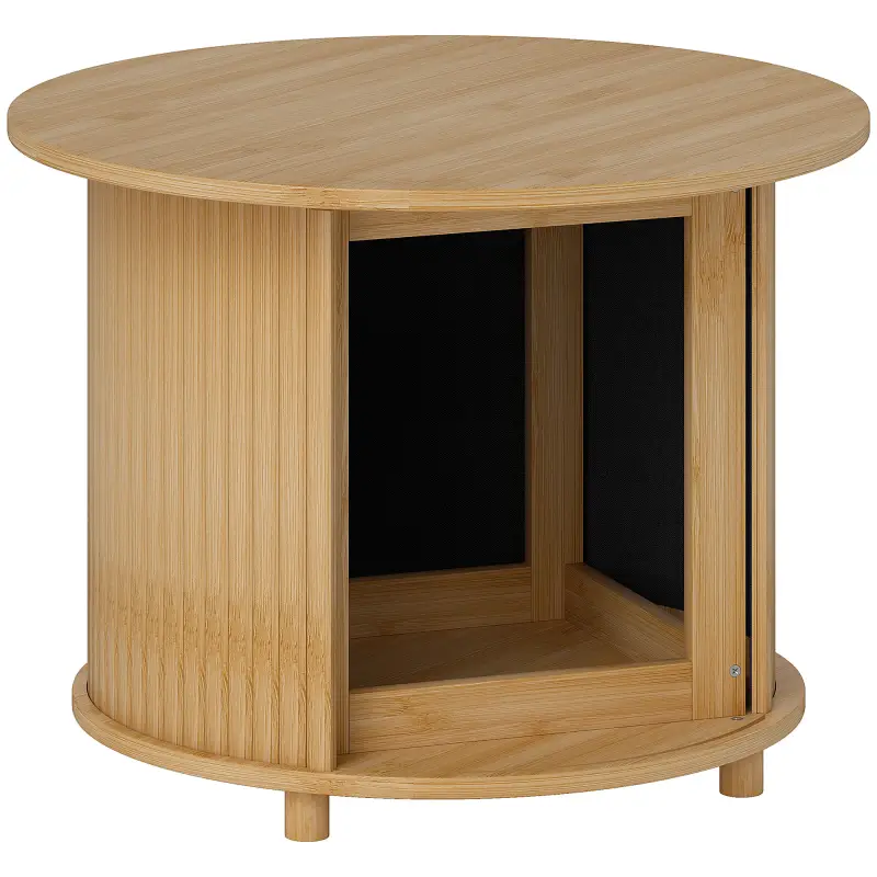 Mesa de centro redonda mesa de salón de bambú con almacenamiento oculto y puerta deslizante 60x45 cm Madera Natural