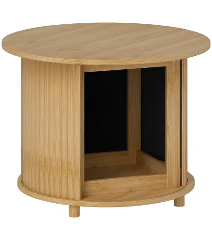 Mesa de centro redonda mesa de salón de bambú con almacenamiento oculto y puerta deslizante 60x45 cm Madera Natural