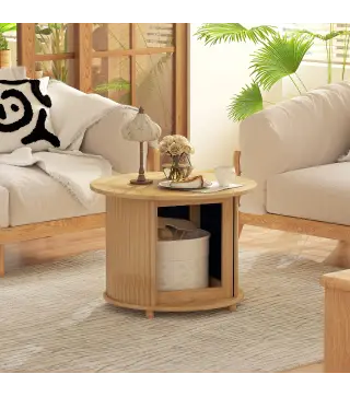 Mesa de centro redonda mesa de salón de bambú con almacenamiento oculto y puerta deslizante 60x45 cm Madera Natural