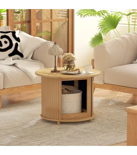 Mesa de centro redonda mesa de salón de bambú con almacenamiento oculto y puerta deslizante 60x45 cm Madera Natural