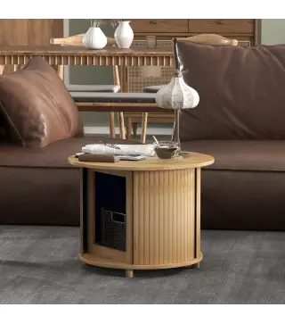 Mesa de centro redonda mesa de salón de bambú con almacenamiento oculto y puerta deslizante 60x45 cm Madera Natural
