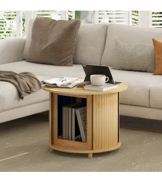 Mesa de centro redonda mesa de salón de bambú con almacenamiento oculto y puerta deslizante 60x45 cm Madera Natural