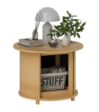 Mesa de centro redonda mesa de salón de bambú con almacenamiento oculto y puerta deslizante 60x45 cm Madera Natural
