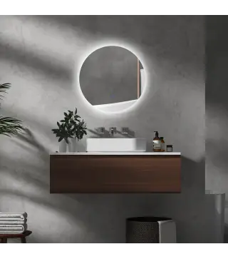 Espejo redondo luminoso LED de baño 60 cm mural con iluminación interruptor táctil sistema antivaho 29 W Gris