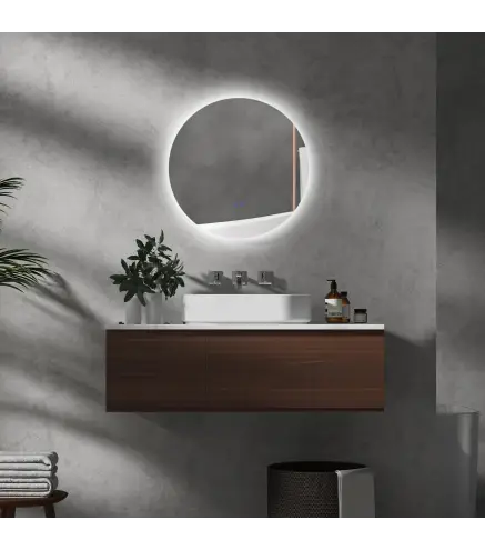 Espejo redondo luminoso LED de baño 60 cm mural con iluminación interruptor táctil sistema antivaho 29 W Gris