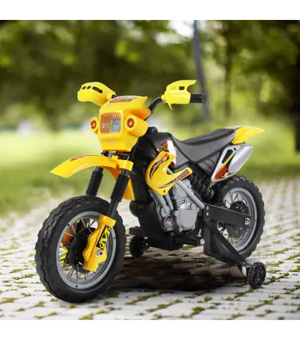 Moto Eléctrica para Niños con Ruedas de Apoyo Desmontables Faros y Música para Niños 3-6 Años Amarillo