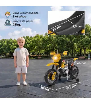 Moto Eléctrica para Niños con Ruedas de Apoyo Desmontables Faros y Música para Niños 3-6 Años Amarillo
