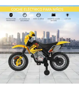 Moto Eléctrica para Niños con Ruedas de Apoyo Desmontables Faros y Música para Niños 3-6 Años Amarillo