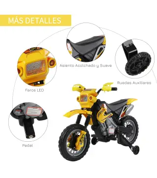 Moto Eléctrica para Niños con Ruedas de Apoyo Desmontables Faros y Música para Niños 3-6 Años Amarillo