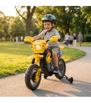 Moto Eléctrica para Niños con Ruedas de Apoyo Desmontables Faros y Música para Niños 3-6 Años Amarillo