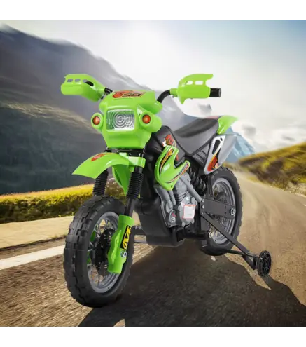 Moto Eléctrica para Niños con Ruedas de Apoyo Desmontables Faros y Música para Niños 3-6 Años Verde