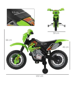 Moto Eléctrica para Niños con Ruedas de Apoyo Desmontables Faros y Música para Niños 3-6 Años Verde