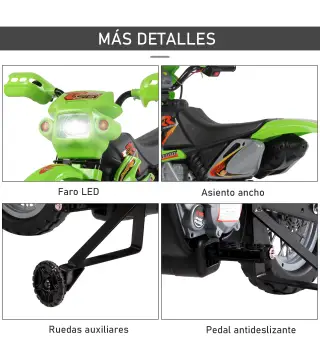 Moto Eléctrica para Niños con Ruedas de Apoyo Desmontables Faros y Música para Niños 3-6 Años Verde