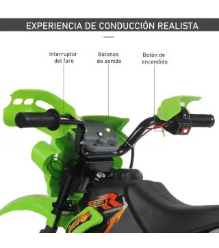Moto Eléctrica para Niños con Ruedas de Apoyo Desmontables Faros y Música para Niños 3-6 Años Verde