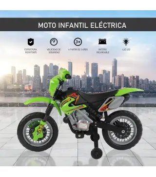 Moto Eléctrica para Niños con Ruedas de Apoyo Desmontables Faros y Música para Niños 3-6 Años Verde