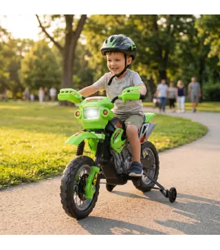 Moto Eléctrica para Niños con Ruedas de Apoyo Desmontables Faros y Música para Niños 3-6 Años Verde
