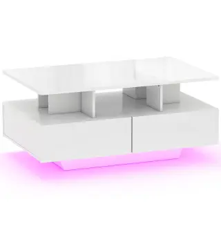 Mesa de Centro LED Moderna con 4 Cajones Estante Abierto y Luces LED de 16 Colores para Salón 90x55x41 cm Blanco Brillo