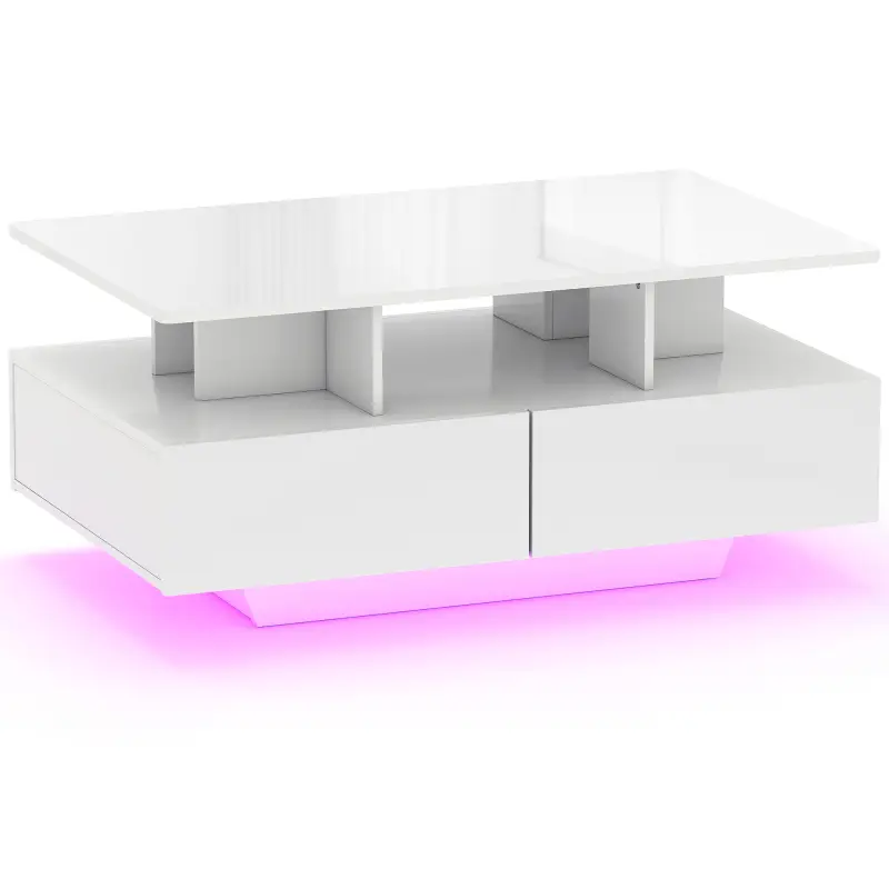 Mesa de Centro LED Moderna con 4 Cajones Estante Abierto y Luces LED de 16 Colores para Salón 90x55x41 cm Blanco Brillo Mesa de Centro LED Moderna con 4 Cajones Estante Abierto y Luces LED de 16 Colores para Salón 90x55x41 cm Blanco Brillo