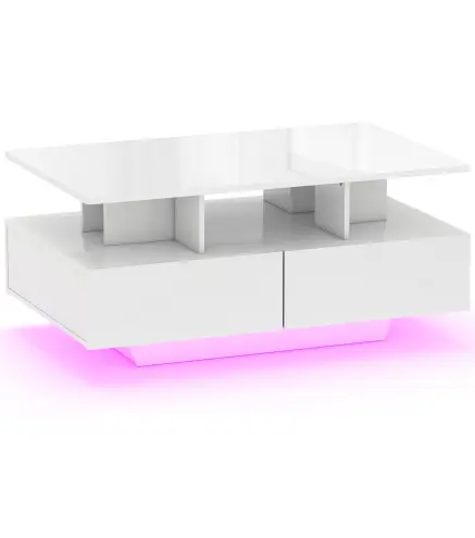 Mesa de Centro LED Moderna con 4 Cajones Estante Abierto y Luces LED de 16 Colores para Salón 90x55x41 cm Blanco Brillo