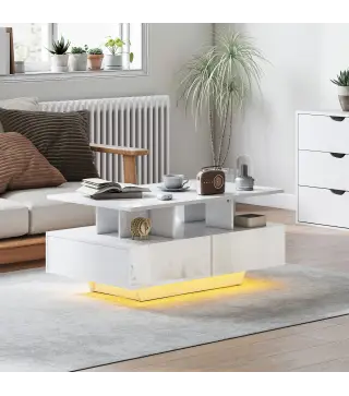 Mesa de Centro LED Moderna con 4 Cajones Estante Abierto y Luces LED de 16 Colores para Salón 90x55x41 cm Blanco Brillo