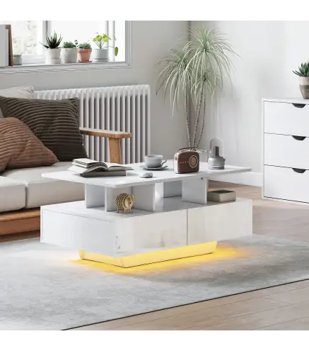 Mesa de Centro LED Moderna con 4 Cajones Estante Abierto y Luces LED de 16 Colores para Salón 90x55x41 cm Blanco Brillo