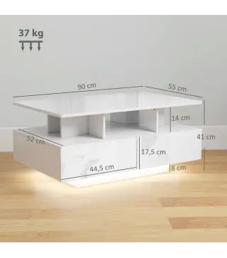 Mesa de Centro LED Moderna con 4 Cajones Estante Abierto y Luces LED de 16 Colores para Salón 90x55x41 cm Blanco Brillo