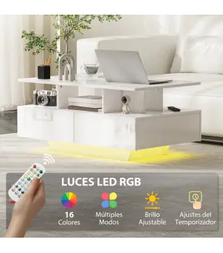 Mesa de Centro LED Moderna con 4 Cajones Estante Abierto y Luces LED de 16 Colores para Salón 90x55x41 cm Blanco Brillo
