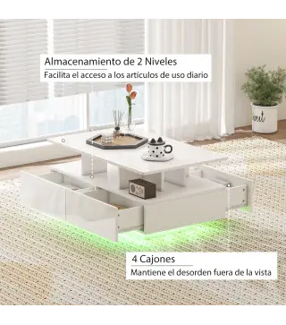 Mesa de Centro LED Moderna con 4 Cajones Estante Abierto y Luces LED de 16 Colores para Salón 90x55x41 cm Blanco Brillo