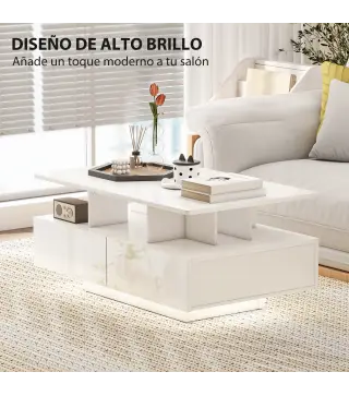 Mesa de Centro LED Moderna con 4 Cajones Estante Abierto y Luces LED de 16 Colores para Salón 90x55x41 cm Blanco Brillo