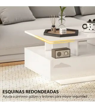 Mesa de Centro LED Moderna con 4 Cajones Estante Abierto y Luces LED de 16 Colores para Salón 90x55x41 cm Blanco Brillo