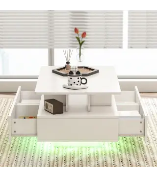 Mesa de Centro LED Moderna con 4 Cajones Estante Abierto y Luces LED de 16 Colores para Salón 90x55x41 cm Blanco Brillo