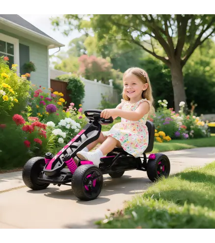 Kart Pedales para Niños de +3 Años con Embrague Automático Freno Ruedas Antideslizantes de EVA y Marco Metálico Rosa