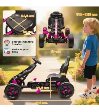Kart Pedales para Niños de +3 Años con Embrague Automático Freno Ruedas Antideslizantes de EVA y Marco Metálico Rosa