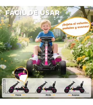 Kart Pedales para Niños de +3 Años con Embrague Automático Freno Ruedas Antideslizantes de EVA y Marco Metálico Rosa