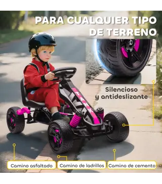 Kart Pedales para Niños de +3 Años con Embrague Automático Freno Ruedas Antideslizantes de EVA y Marco Metálico Rosa