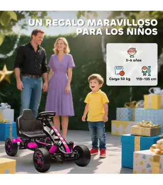 Kart Pedales para Niños de +3 Años con Embrague Automático Freno Ruedas Antideslizantes de EVA y Marco Metálico Rosa