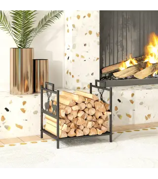 Estante de leña para interiores 42,5 x 33,5 x 43 cm Estante de leña para chimenea de metal negro