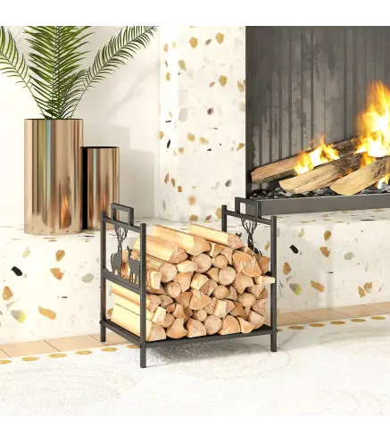 Estante de leña para interiores 42,5 x 33,5 x 43 cm Estante de leña para chimenea de metal negro