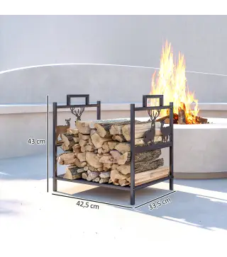Estante de leña para interiores 42,5 x 33,5 x 43 cm Estante de leña para chimenea de metal negro
