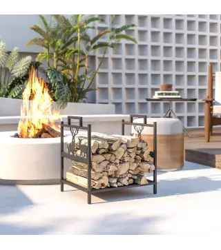 Estante de leña para interiores 42,5 x 33,5 x 43 cm Estante de leña para chimenea de metal negro